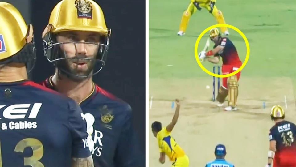 Glenn Maxwell celebrating with his teammate and Maxwell hitting a six in the IPL.