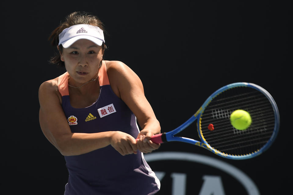 Peng Shuai of China in action during her Women's Singles first round match against Nao Hibino of Japan on day two of the 2020 Australian Open at Melbourne Park on January 21, 2020, in Melbourne, Australia. / Credit: Getty Images