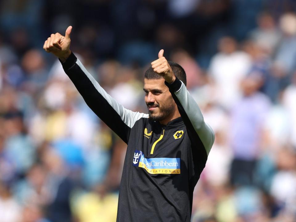 Conor Coady gestures to Wolves fans during the opening weekend fixture at Elland Road (Getty)