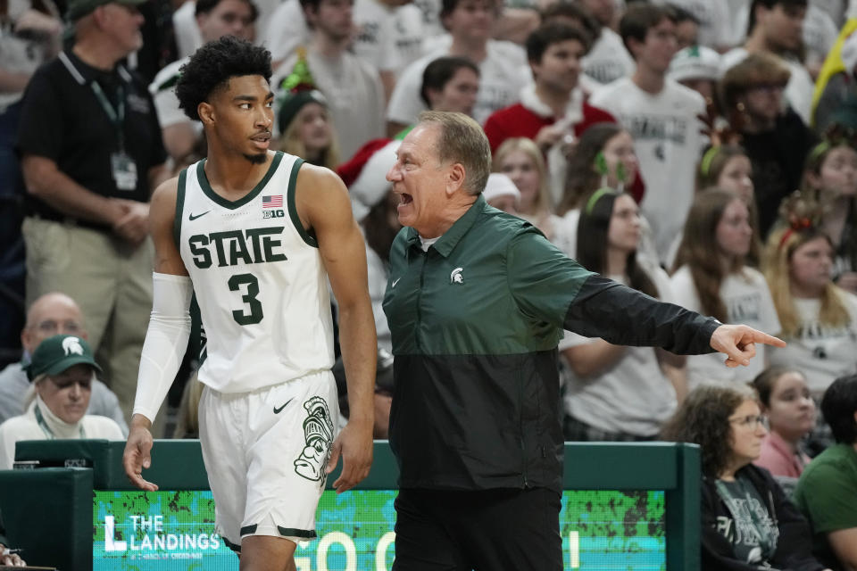 Michigan State head coach Tom Izzo yells at guard Jaden Akins (3) during the second half of an NCAA college basketball game against Wisconsin, Tuesday, Dec. 5, 2023, in East Lansing, Mich. (AP Photo/Carlos Osorio)
