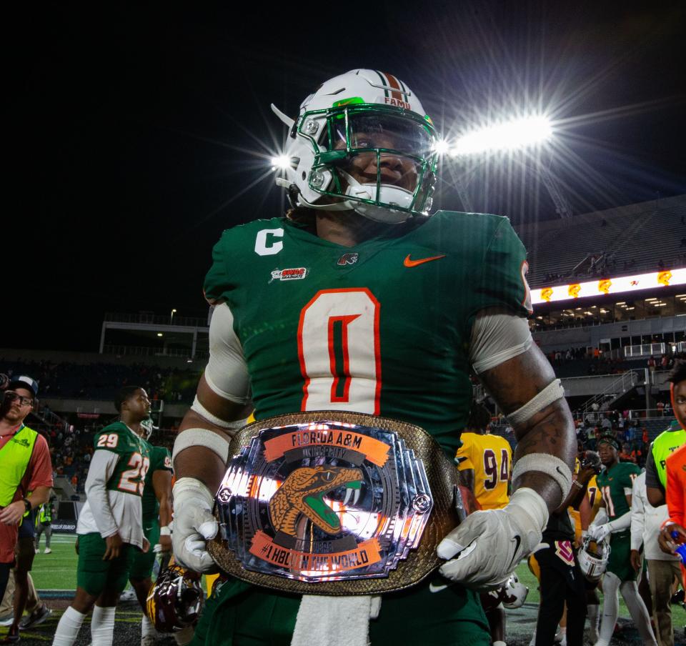 Florida A&M Rattlers celebrate the team’s victory over Bethune Cookman Wildcats in the Florida Classic at Camping World Stadium on Saturday, Nov. 18, 2023.