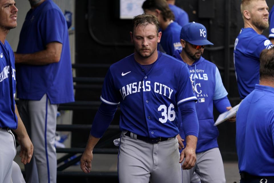 Kansas City Royals relief pitcher Anthony Misiewicz walks through the dugout in the ninth inning of a baseball game against the Chicago White Sox in Chicago, Thursday, Sept. 1, 2022. (AP Photo/Nam Y. Huh)