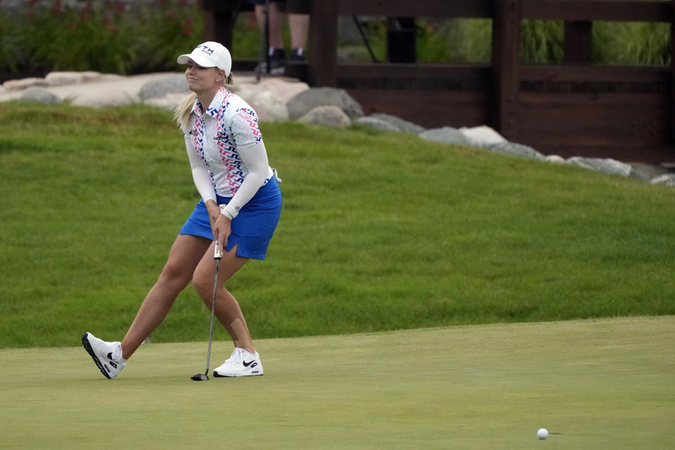 Matilda Castren of Finland reacts after missing her putt on the 18th green to give the win to Cheyenne Knight and Elizabeth Szokol during the final round of the Dow Great Lakes Bay Invitational golf tournament at Midland Country Club, Saturday, July 22, 2023, in Midland, Mich. (AP Photo/Carlos Osorio)