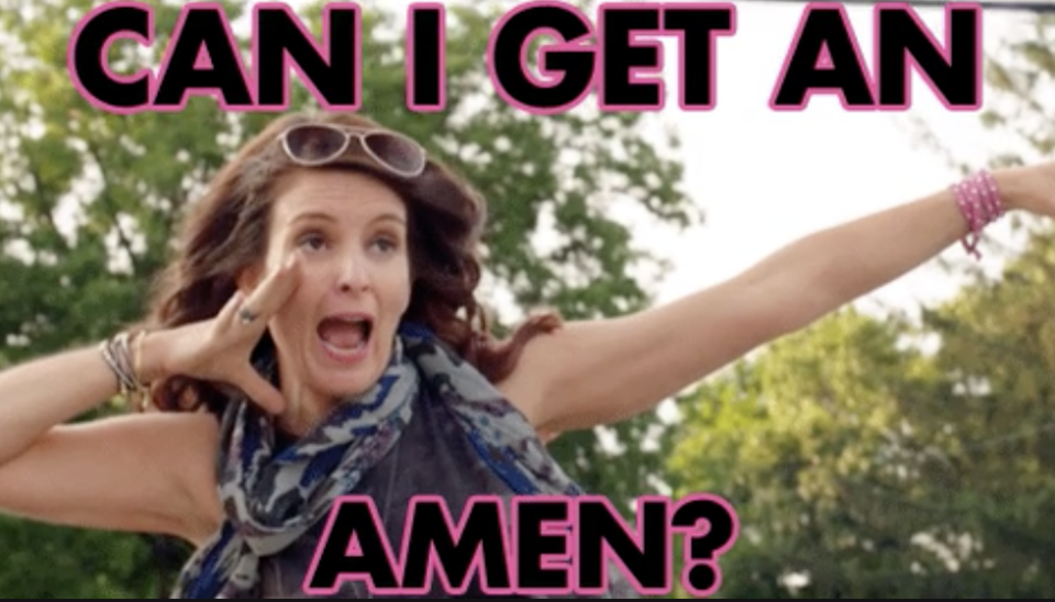 Woman with raised arms and excited expression shouting, text overlay reads "CAN I GET AN AMEN?"