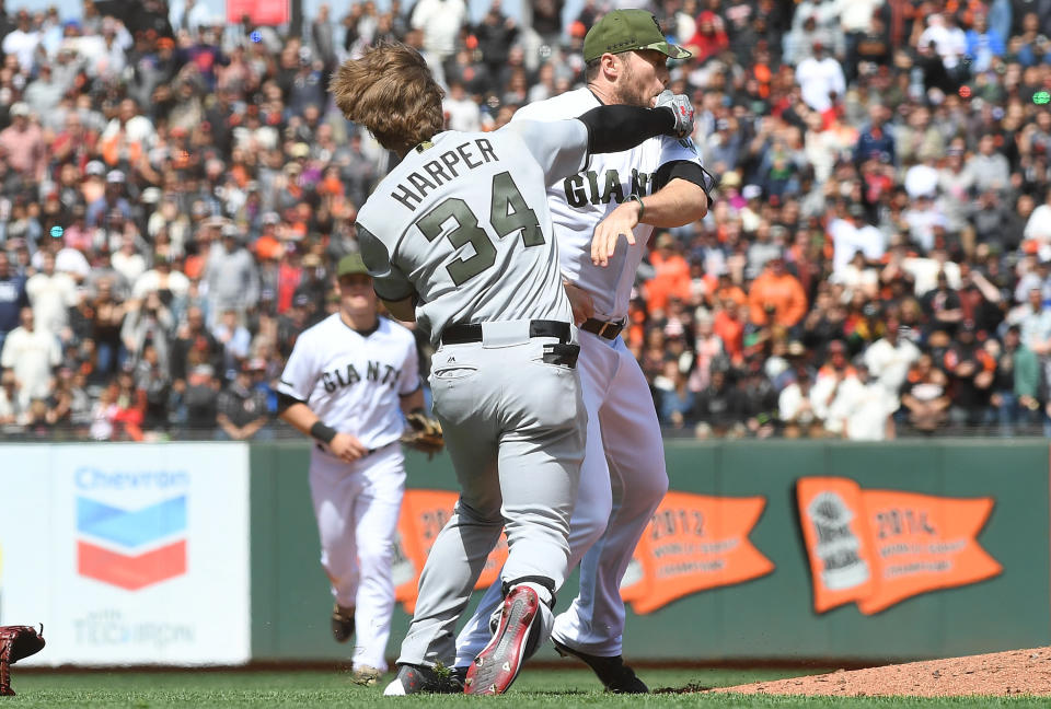 Washington Nationals outfielder Bryce Harper connects with a punch after San Francisco Giants pitcher Hunter Strickland hit him with a pitch. (Photo: Thearon W. Henderson via Getty Images)