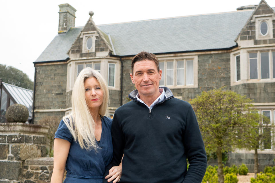 Martin and Sarah Caton photographed at their home Boychym Manor house, Hayle, Cornwall. See SWNS story SWLNmanor. These pictures show the &#39;war zone&#39; that greeted a family arriving for the first time at their historic &#xc2;&#xa3;1.5m manor home - after the seller &#39;gutted&#39; it before completion. Martin and Sarah Caton thought they were buying into an idyllic Cornish lifestyle when they purchased the Grade 2* listed Bochym Manor in Helston in 2014. But their dream move turned into a nightmare when they arrived and discovered the building had been ripped apart and stripped bare - with some of the doors, windows, fireplaces and even floors being removed.