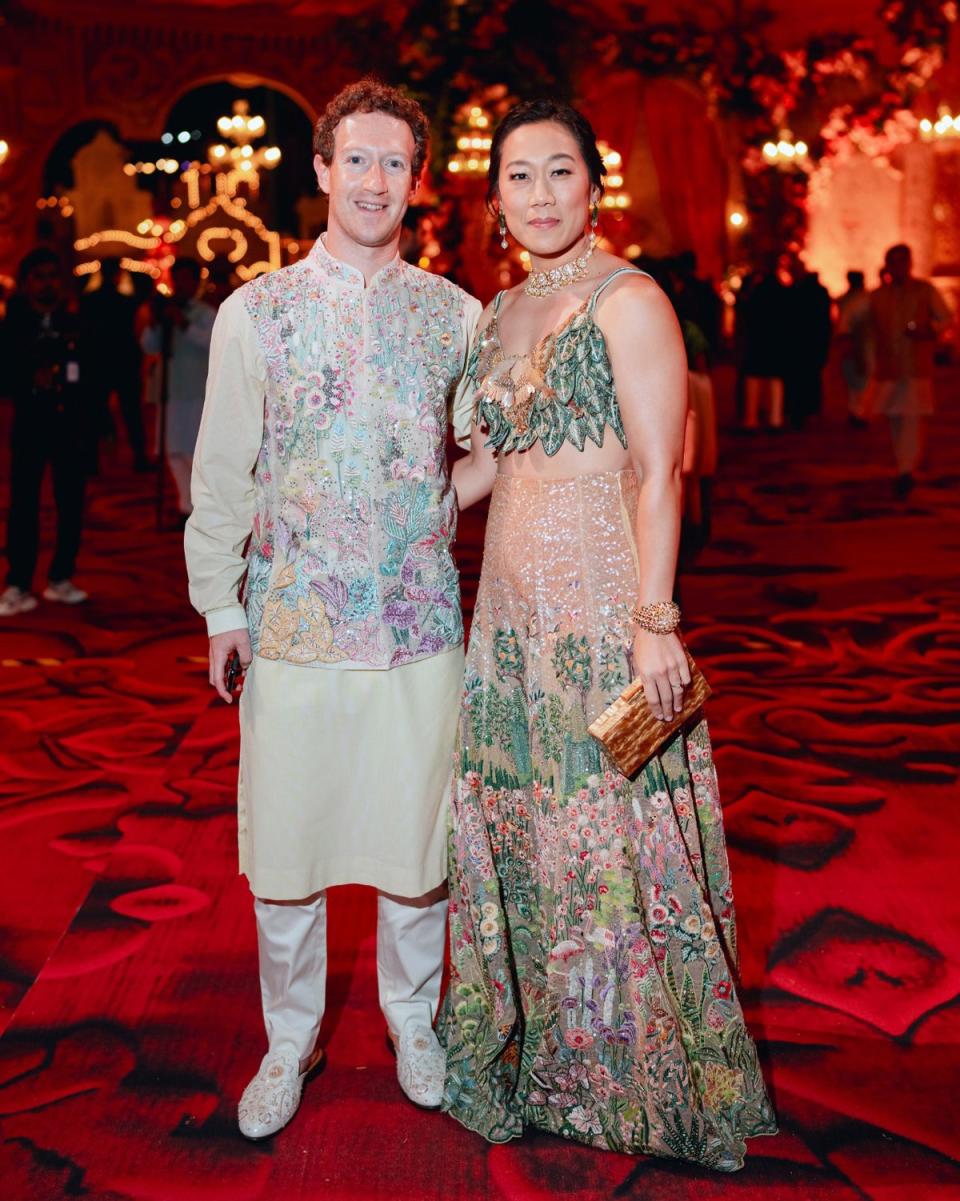 This photograph released by the Reliance group shows Mark Zuckerberg and his wife Priscilla Chan posing for a photograph at a pre-wedding bash of Mukesh Ambani’s son Anant Ambani in Jamnagar, India, Saturday, 02 March2024 (AP)