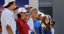 Members of the first U.S. Olympic skateboarding team stand on stage during a news conference in downtown Los Angeles on Monday, June 21, 2021. The team was introduced in Southern California, where the sport was invented roughly 70 years ago. Skateboarding is an Olympic sport for the first time in Tokyo, and the Americans are expected to be a strong team. (AP Photo/Richard Vogel)