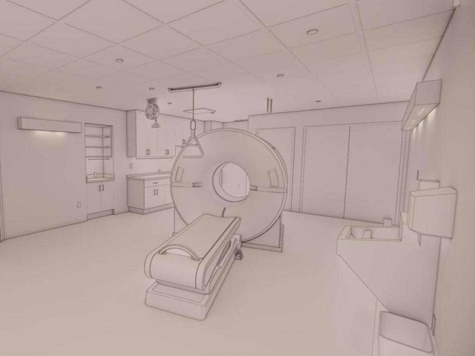 A rendering of the new CT scanner and its space at the Wainwright Health Centre. The centre hopes to have the scanner up and running by the fall. (Submitted by Wainwright and District Health Foundation. - image credit)