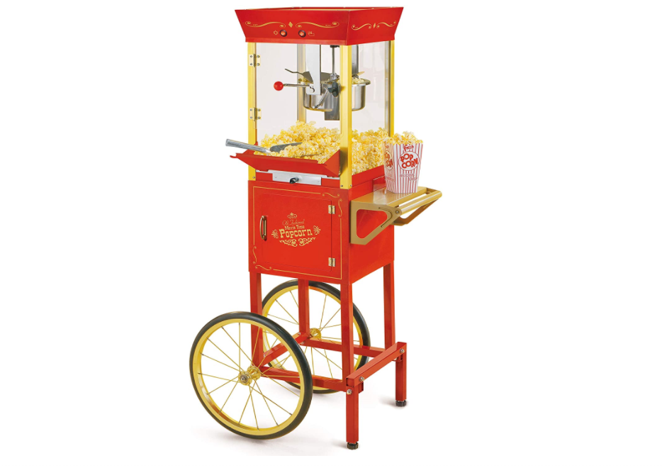 red tall carnival style popcorn machine