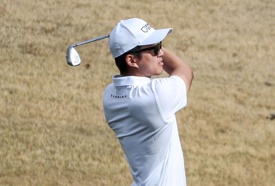 Michael Kim hits a shot on the 10th hole of the Nicklaus Tournament Course at PGA West during the second round of the American Express in La Quinta, Calif., Jan. 19, 2023.