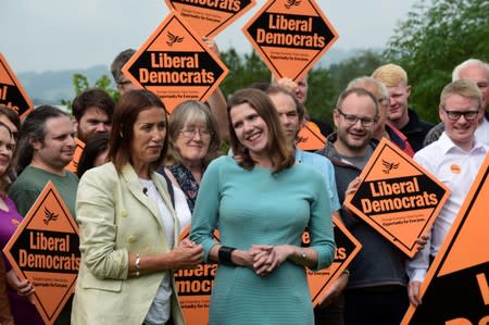 Jane Dodds celebrates winning the Brecon and Radnorshire by-election with Liberal Democrat leader Jo Swinson in Brecon