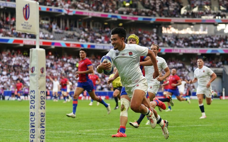 England's Marcus Smith scores their fifth try during the Rugby World Cup 2023, Pool D match at the Stade de Nice, France