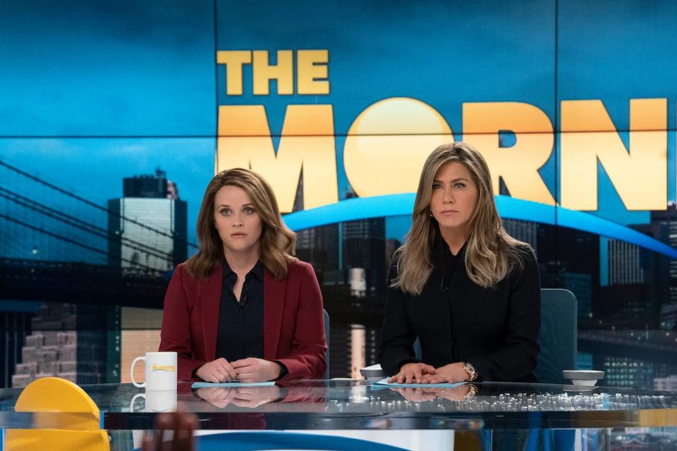 Reese Witherspoon, left, and Jennifer Aniston in "The Morning Show" on Apple TV+.