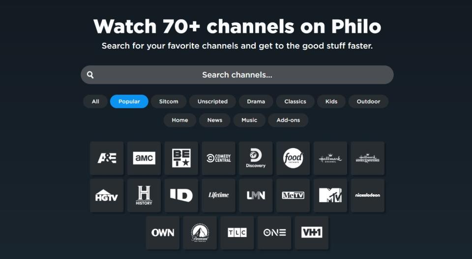 Philo website showcasing channels available