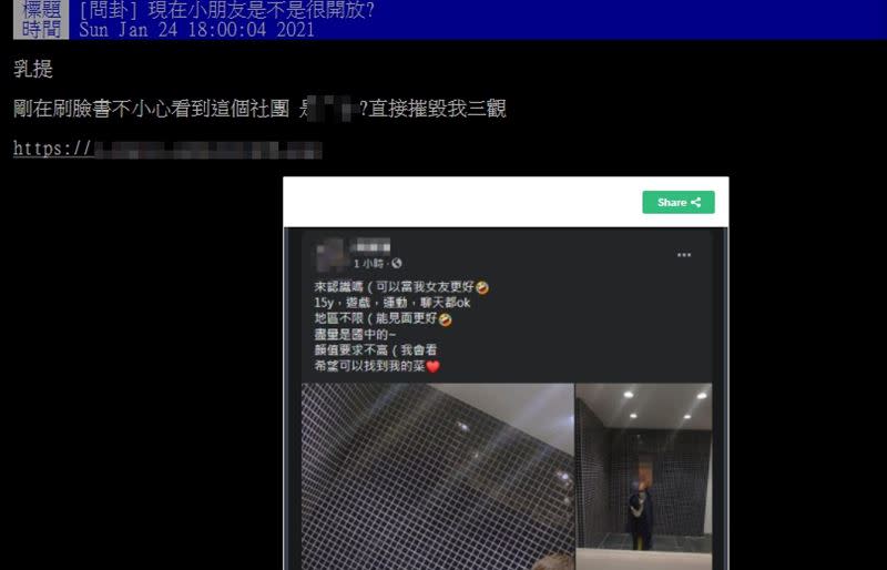 有鄉民在臉書發現「18y以下」交友社團，裡頭的少女照片尺度裸露，讓網友全傻眼了。（圖／翻攝自PTT）