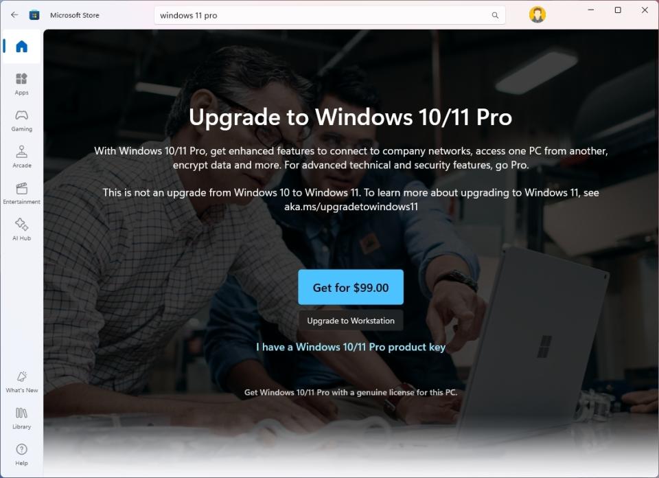 Windows 11 Pro upgrade page