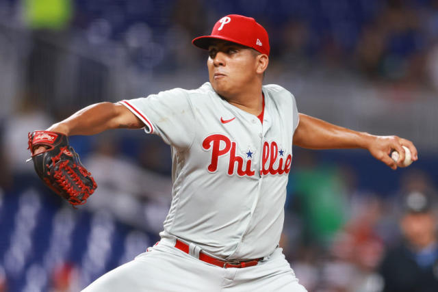 Ranger Suarez of the Philadelphia Phillies celebrates after the