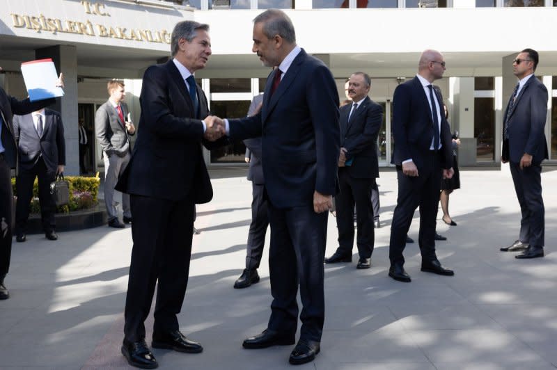 Secretary of State Antony Blinken (L) meets with Turkish Foreign Minister Hakan Fidan in Ankara, Turkey, on Monday. Photo by Chuck Kennedy/U.S. Department of State