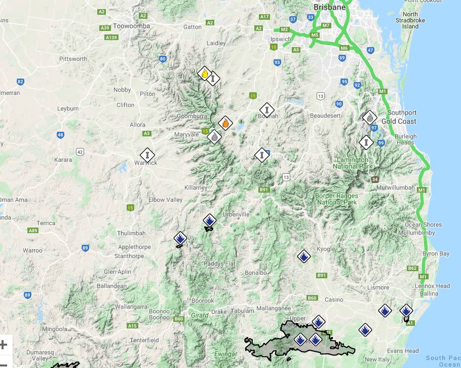 Fires in Australia: Above shows the fire locations in north eastern New South Wales (GoogleMaps)