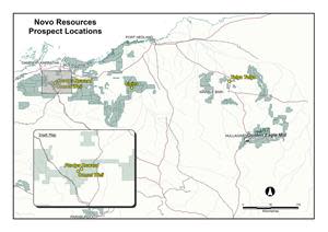 Novo tenement holdings map showing the Comet Well, Purdy’s Reward, Talga Talga, and Egina deposits.