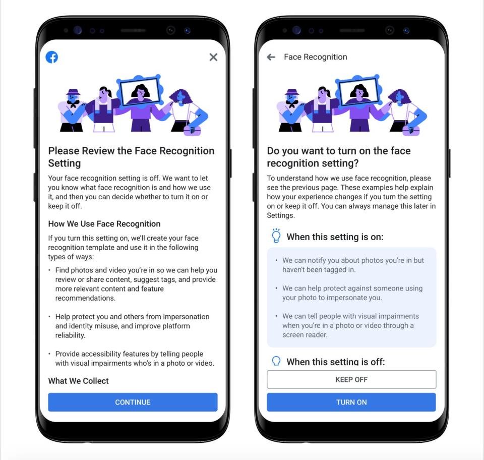 Facebook users who didn't previously have the face recognition option will see this prompt, and will have to explicitly opt in to the program. (Photo: Facebook)