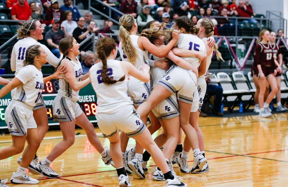 The Fair Grove Lady Eagles celebrate after they beat Strafford in the Class 3 District 11 championship at Springfield Catholic on Friday, Feb. 23, 2024.