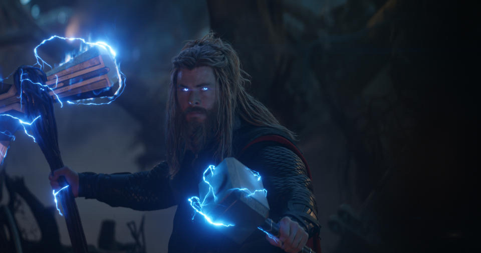 Thor (Chris Hemsworth) is battle ready by the finale of <i>Endgame</i>.  