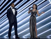 <p>Hosts Ludacris, left, and Vanessa Hudgens speak at the Billboard Music Awards at the T-Mobile Arena on Sunday, May 21, 2017, in Las Vegas. (Photo by Chris Pizzello/Invision/AP) </p>