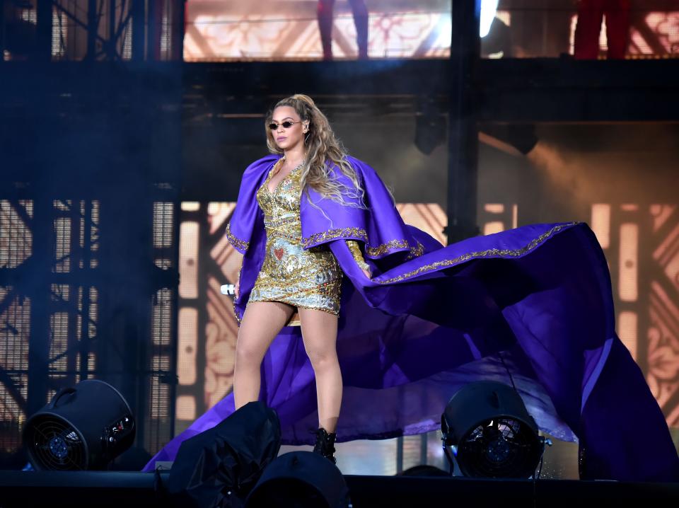Beyonce performs in purple on stage during the "On the Run II" Tour with Jay-Z at Hampden Park on June 9, 2018 in Glasgow, Scotland.