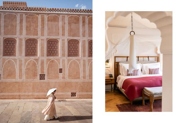 <p>Aparna Jayakumar</p> From left: A visitor at the City Palace, in Jaipur, India; a guest suite at Six Senses Fort Barwara.