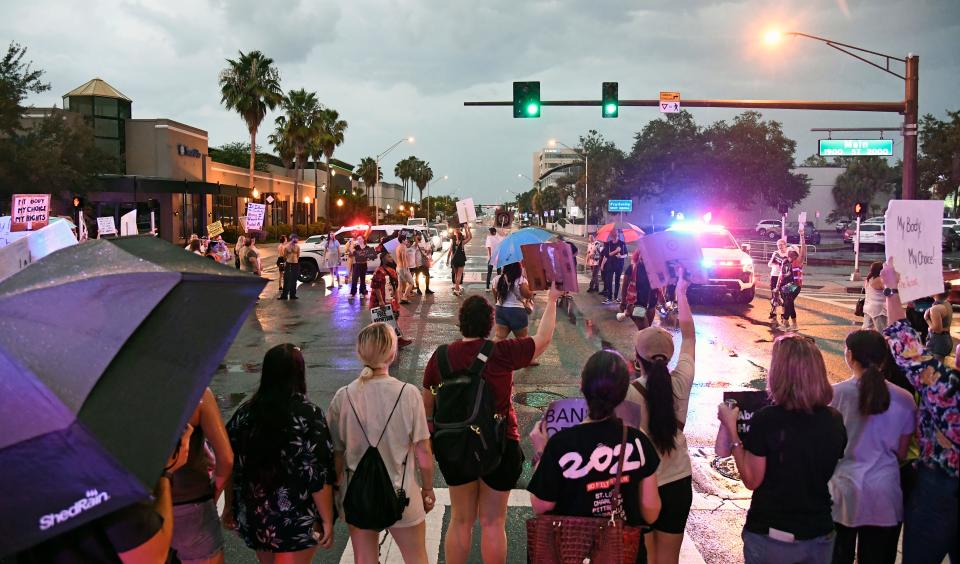 We Dissent' protest in downtown Sarasota had some 200 demonstrators that gathered at Selby Five Points Park and marched to the Judge Lynn N. Silvertooth Judicial Center, while braving rain and lightning.