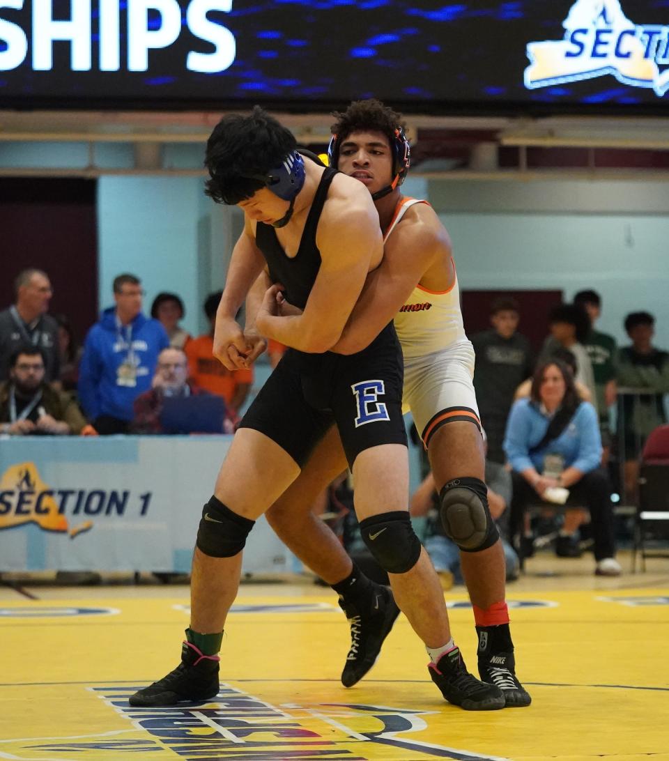 Croton-Harmon's Fredrick Smithwick wrestles Edgemont's Kenny Saito in the 170-pound championship match at the Section 1, Division II wrestling championships at Westchester County Center on Saturday, Feb. 10, 2024.