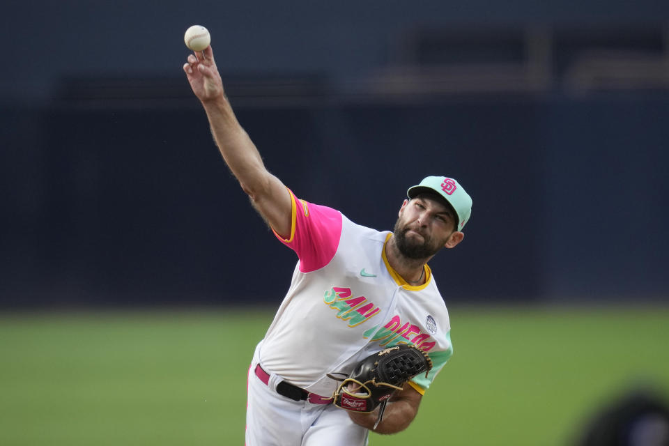 San Diego Padres starting pitcher Michael Wacha works against a Chicago Cubs batter during the first inning of a baseball game Friday, June 2, 2023, in San Diego. (AP Photo/Gregory Bull)