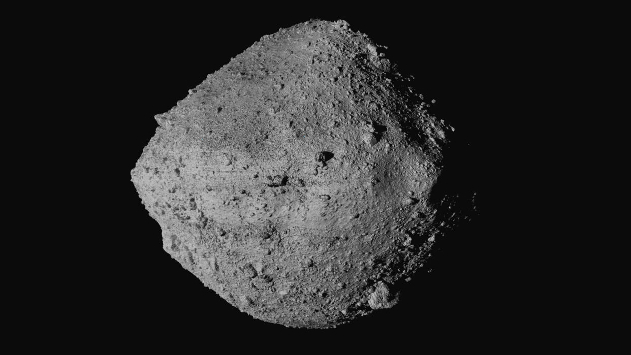 FILE - This undated image made available by NASA shows the asteroid Bennu from the OSIRIS-REx spacecraft. On Wednesday, Aug. 11, 2021, scientists said they have a better handle on asteroid Bennu’s whereabouts for the next 200 years. The bad news is that the space rock has a slightly greater chance of clobbering Earth than previously thought. But don’t be alarmed: Scientists reported that the odds are still quite low that Bennu will hit us in the next century. (NASA/Goddard/University of Arizona/CSA/York/MDA via AP)