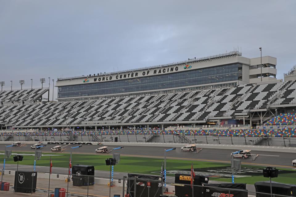 Jet dryers attempt to dry the track Monday morning as the rain is starting to slow down before back-to-back races at Daytona International Speedway, Feb., 19, 2024.