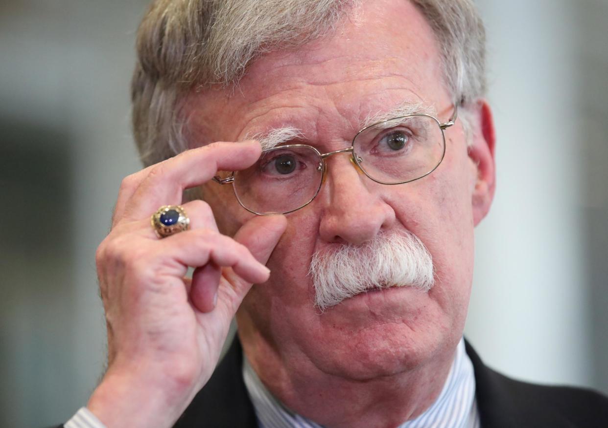 John Bolton speaks to media at the Palace of Independence in Minsk, Belarus, on 29 August 2019 while serving as the US national security adviser: EPA/TATYANA ZENKOVICH