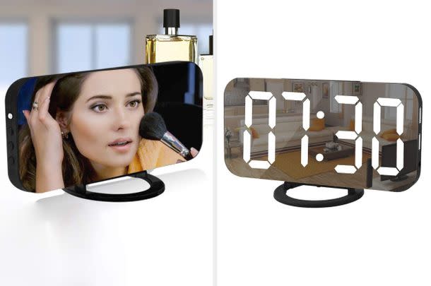 This digital alarm clock doubles up as a mirror when it's not in use.