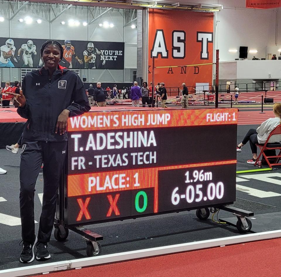 Texas Tech freshman Temitope Adeshina cleared a school-record 6 feet, 5 inches in the high jump Friday night in the Corky Classic at the Sports Performance Center.