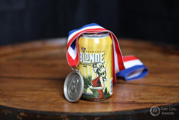 A can of BJ's Blonde Ale with a medal around it