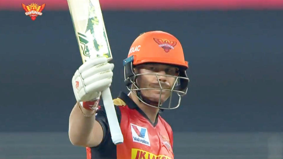 Pictured here, David Warner marks his half century for Sunrisers Hyderabad.