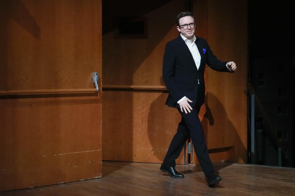 Maestro Daniel Harding, the new music director of Rome's Santa Cecilia orchestra, arrives at a press conference on the occasion of his presentation to media in Rome, Monday, March 6, 2023. British conductor Daniel Harding was named Monday as music director of Rome’s Orchestra dell’Accademia di Santa Cecilia, starting in the fall of 2024. The 47-year-old conductor Harding, who has a second career as an Air France pilot, had an unusually young start as a conductor, and will arrive at the Santa Cecilia orchestra after 17 years as the principal conductor of the Swedish Radio Symphony Orchestra.(AP Photo/Gregorio Borgia)