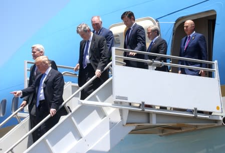 U.S. President Trump exits Air Force One with Gordon Sondland upon arriving in Lake Charles, Louisiana