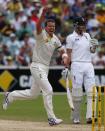 Australia's Peter Siddle (L) celebrates after taking the wicket of England's Michael Carberry (not pictured) during the fourth day of the second Ashes test cricket match at the Adelaide Oval December 8, 2013.