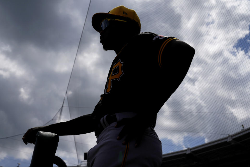 Pittsburgh Pirates second baseman Termarr Johnson stands in the dugout during a spring training baseball game against the Detroit Tigers Saturday, March 9, 2024, in Lakeland, Fla. (AP Photo/Charlie Neibergall)