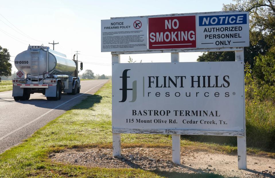 A truck arrives at Flint Hills Resources Bastrop Terminal. The company says 8,000-gallon tanker trucks make more than 100 round trips between Austin's airport and the Bastrop terminal per day to keep up with demand.
