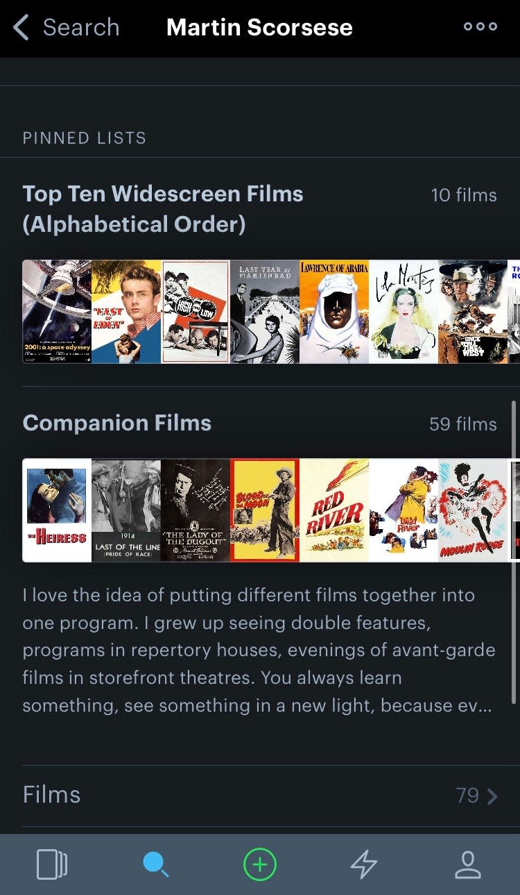 A screenshot of director Martin Scorsese's lists on the Letterboxd mobile app.