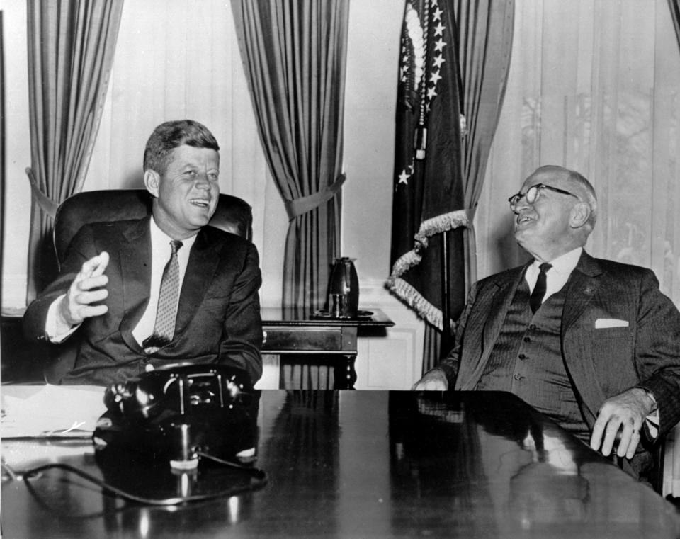 U.S. President John Fitzgerald Kennedy (L) meets in January 1961 at the White House, with former U.S. President Harry S. Truman (1884-1972). (AFP/AFP/Getty Images)  