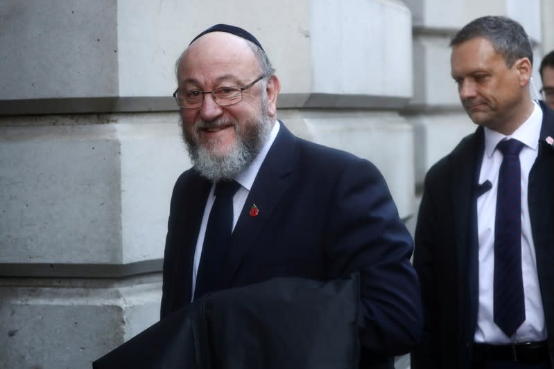 FILE PHOTO: Rabbi Ephraim Mirvis, Britain's chief rabbi, arrives to attend the National Service of Remembrance, on Remembrance Sunday, at The Cenotaph in Westminster, London, Britain