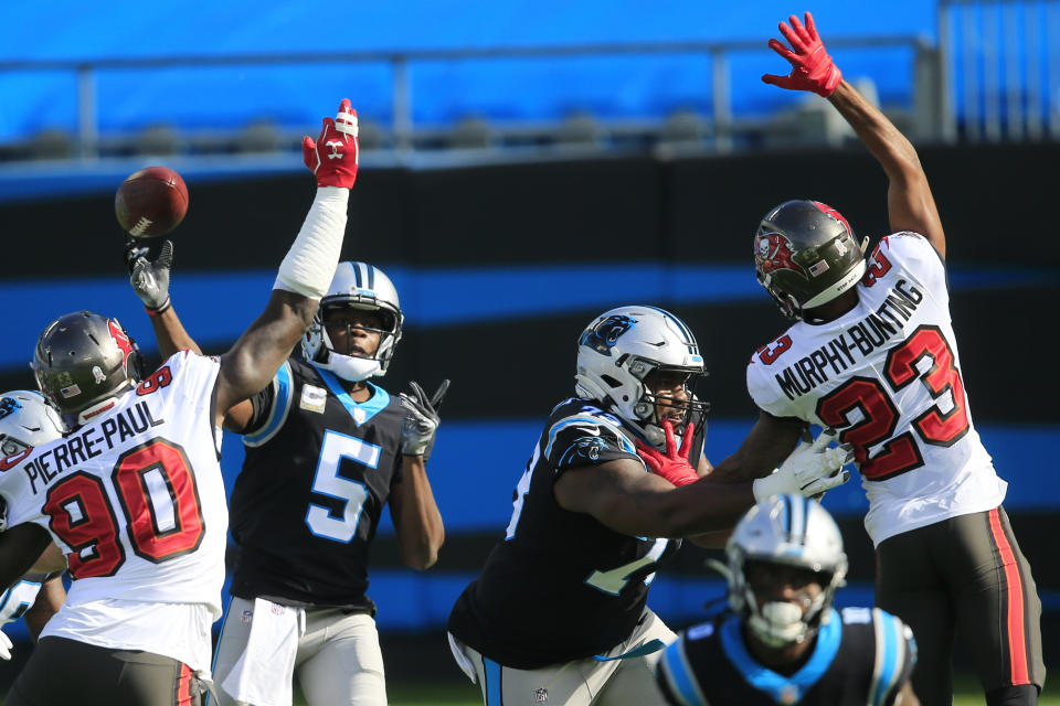 Carolina Panthers quarterback Teddy Bridgewater (5) works in the pocket against the Tampa Bay Buccaneers during the first half of an NFL football game, Sunday, Nov. 15, 2020, in Charlotte , N.C. (AP Photo/Brian Blanco)